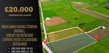 LAND FOR SALE ON ISKELE-KARPAZ MAIN ROAD (PAMUKLU), TOTAL 7,485 SQM (5 DÖNÜM 2 EVLEK 1,355 SQ FT)